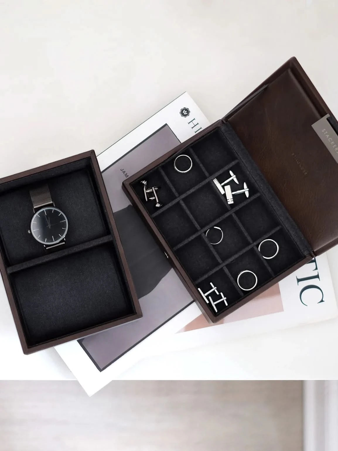 Stackers Mini Set van 2 - Horloge- & Manchetknopendoosje Bruin - Mystackers