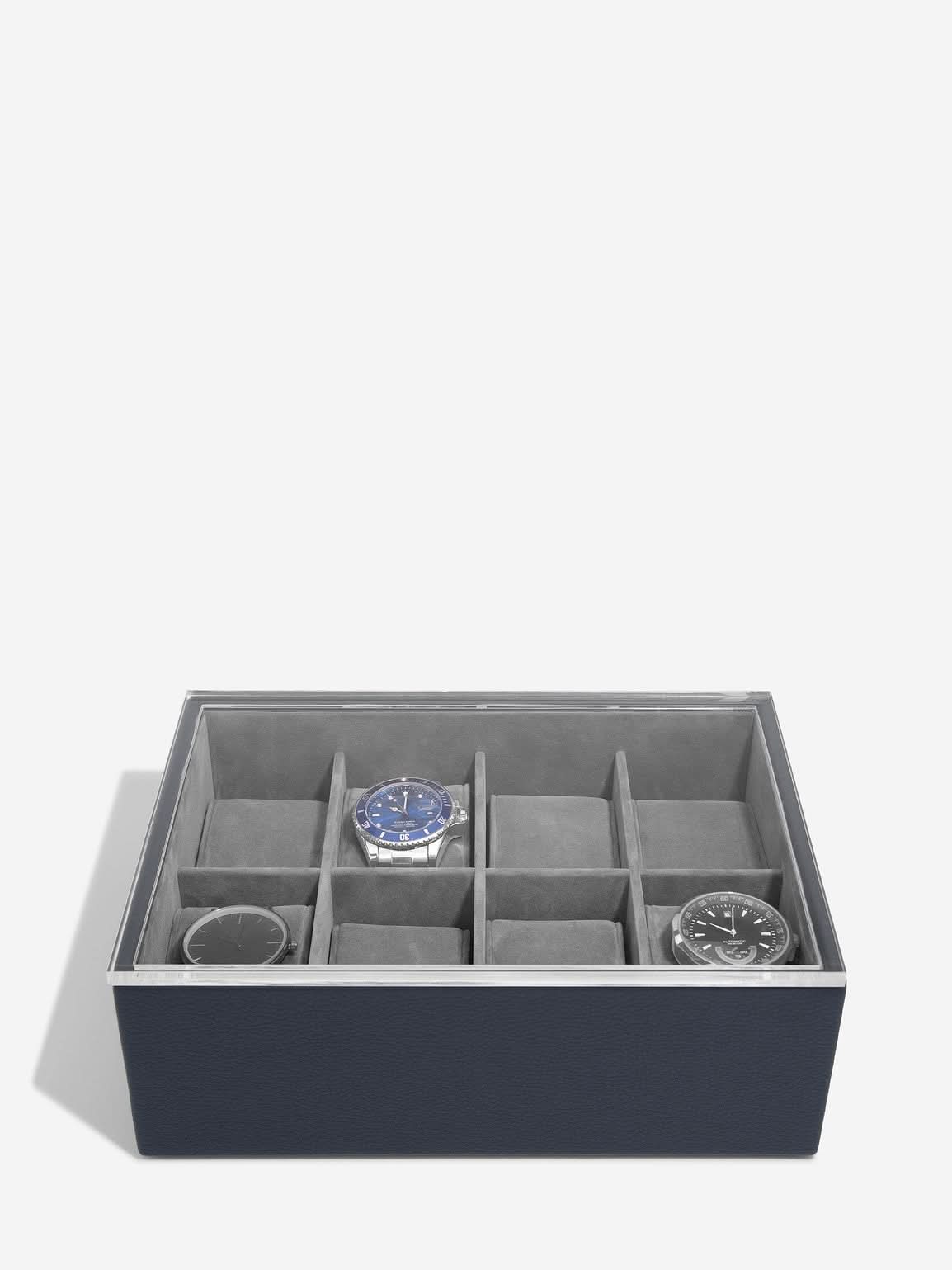 Stackers Achtdelige Horlogebox met doorzichtig deksel Marineblauw - Mystackers